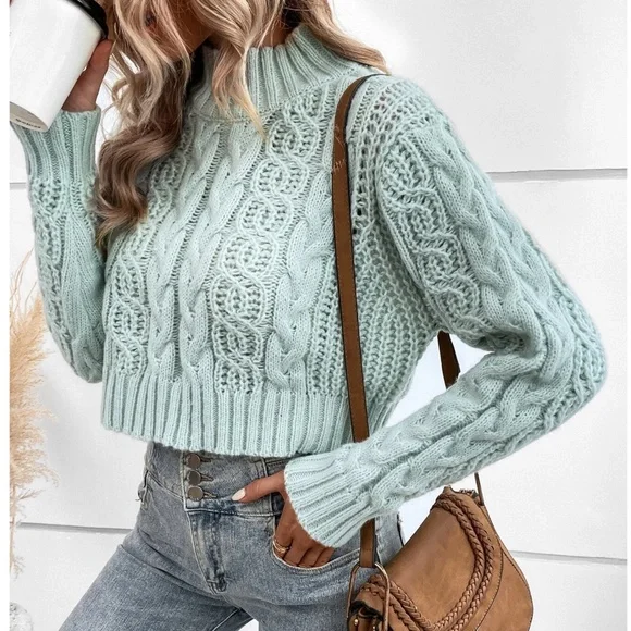 Cozy Mint Mock Neck Chunky Cable Knit Cropped Sweater Top - Picture 3 of 8
